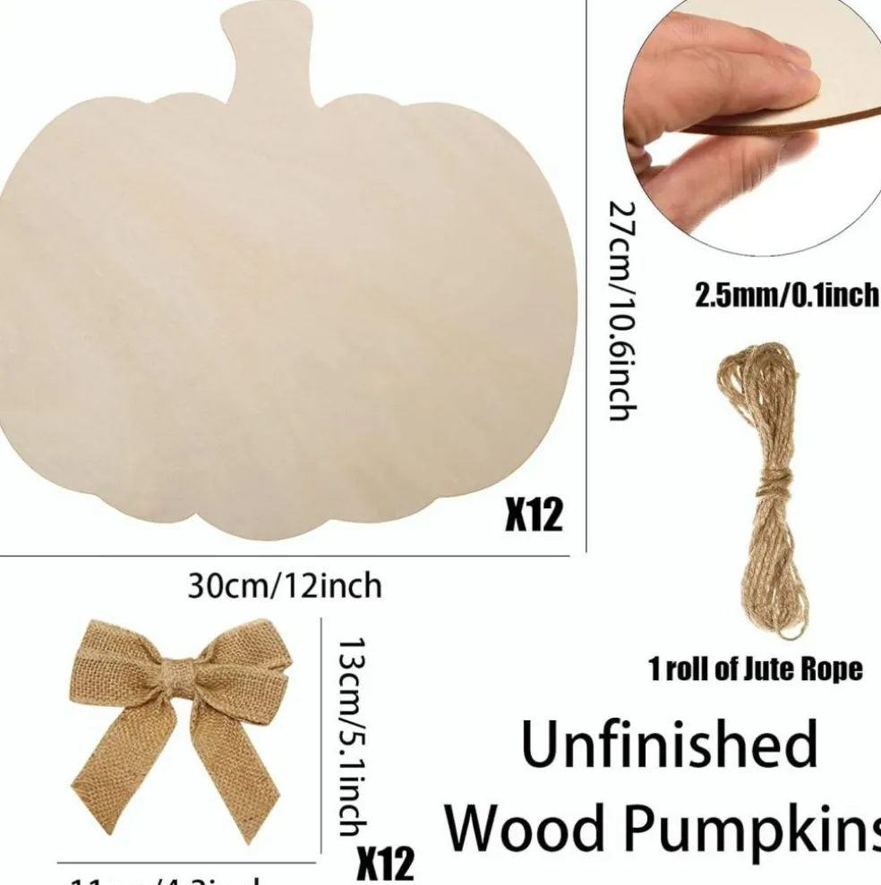 12PCS Large Wooden Pumpkin Cutouts 12 Inch – Unfinished Blank Wood Pumpkins with Bows, Rope & Glue Dots, DIY Fall Thanksgiving Halloween Door Signs & Home Party Decorations