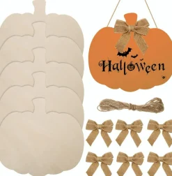 12PCS Large Wooden Pumpkin Cutouts 12 Inch – Unfinished Blank Wood Pumpkins with Bows, Rope & Glue Dots, DIY Fall Thanksgiving Halloween Door Signs & Home Party Decorations