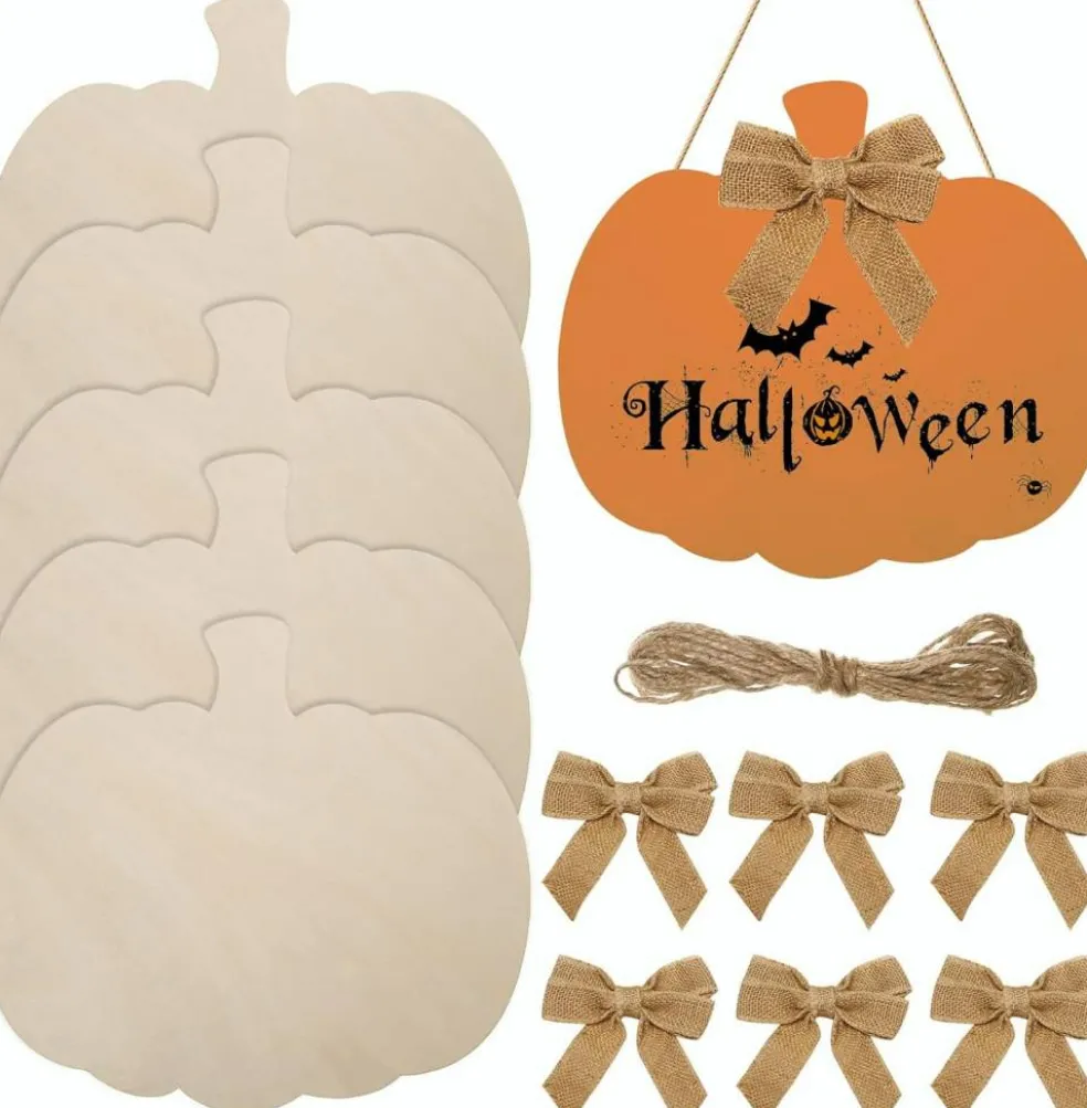 12PCS Large Wooden Pumpkin Cutouts 12 Inch – Unfinished Blank Wood Pumpkins with Bows, Rope & Glue Dots, DIY Fall Thanksgiving Halloween Door Signs & Home Party Decorations