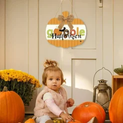 12PCS Large Wooden Pumpkin Cutouts 12 Inch – Unfinished Blank Wood Pumpkins with Bows, Rope & Glue Dots, DIY Fall Thanksgiving Halloween Door Signs & Home Party Decorations