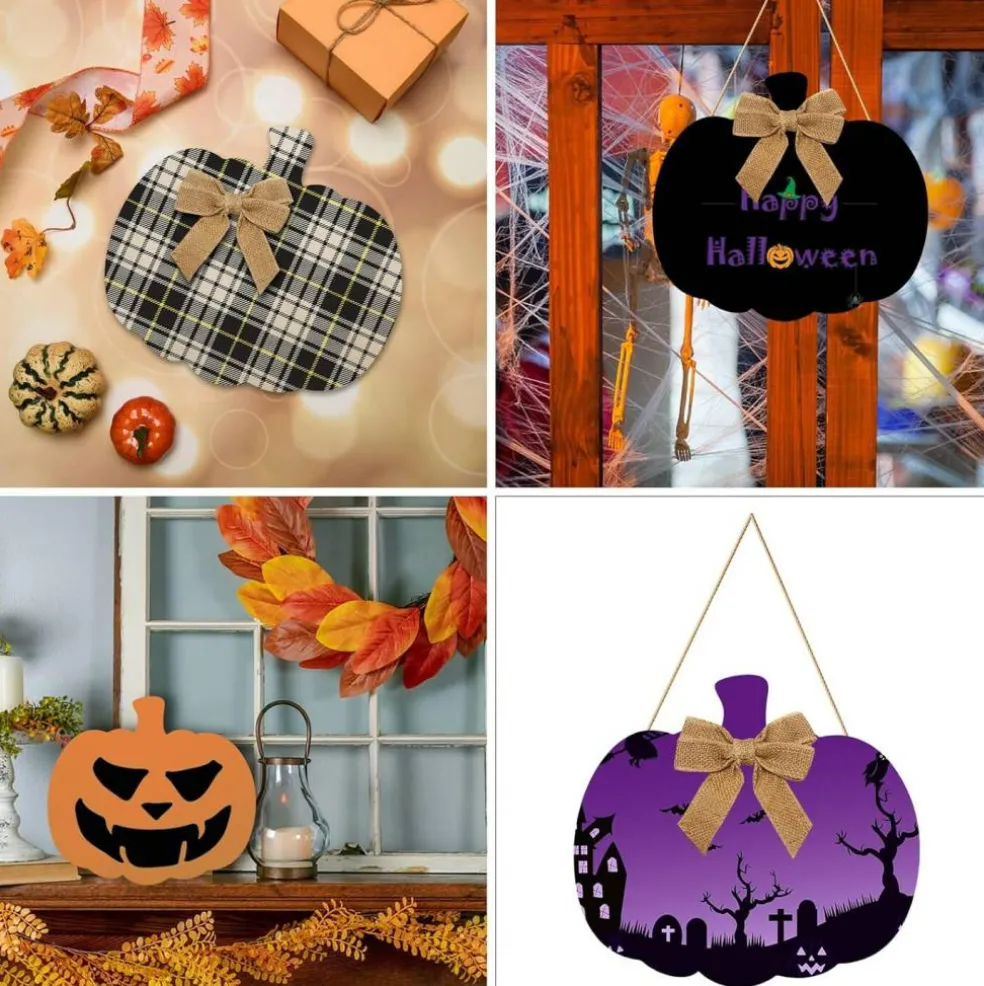 12PCS Large Wooden Pumpkin Cutouts 12 Inch – Unfinished Blank Wood Pumpkins with Bows, Rope & Glue Dots, DIY Fall Thanksgiving Halloween Door Signs & Home Party Decorations