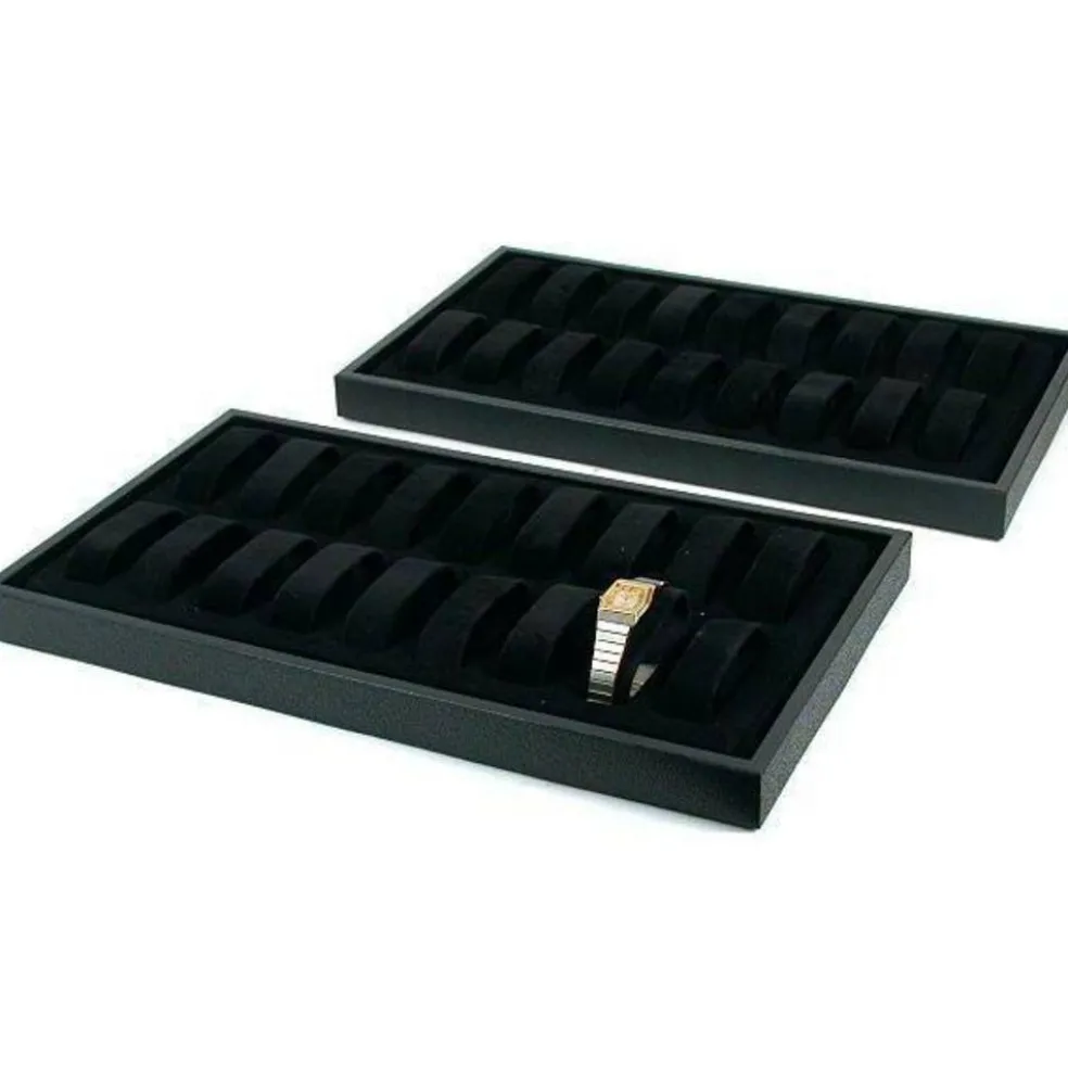2Pc 18 Slot Black Plastic Watch Display Trays