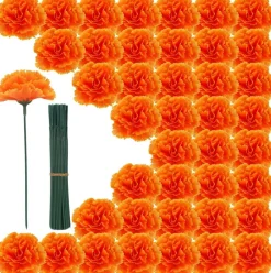 100PCS Marigold Flower Heads with Stems (Orange)