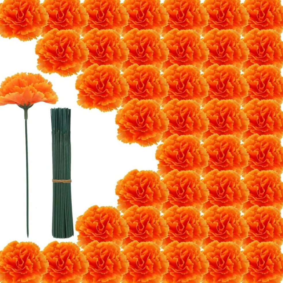100PCS Marigold Flower Heads with Stems (Orange)