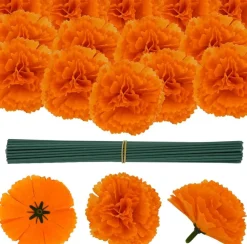 50 Pcs Marigold Silk Artificial Flowers with Stems (Yellow)