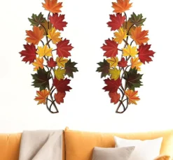 2 pcs Metal Fall Leaf Wall Art, 15.75 Inch Vintage Autumn Leaf Wall Decor, Colorful Rustic Farmhouse Metal Wall Hanging for Kitchen Living Room Hallway Garden Thanksgiving Harvest Decor