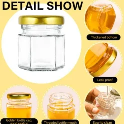 48 Pcs Mini Honey jars-1.5oz, Hexagon honey jars with dipper,gold cover,bee pendant,Gold Gift Bags,rope,Thank-You Tags,Glass Honey jars with lids,Baby Shower,Wedding Favors,Party Favors