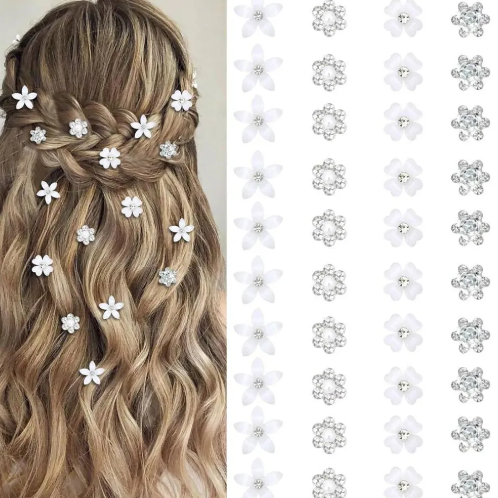 40 Pcs Mini White Rhinestone Flower Hair Clips (White)