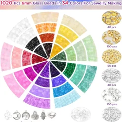 1368pcs 6mm Glass Beads for Bracelets, 34 Colors Crystal Beads for Jewelry Making, Funtopia Round Glass Beads for DIY Earrings Necklace Crafts with Spacer Beads and Charms, Solid and Gradient Colors