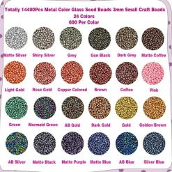 14400 PCS 3mm Glass Seed Beads Kit – 24 Colors Metallic Pony Beads Set with String, Tweezers & Needles for Jewelry Making, Bracelets, Necklaces & DIY Crafts