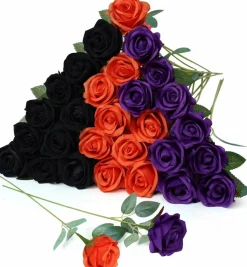 30PCS Multicolor Artificial Roses, Black Orange Purple Silk Rose Flowers with Long Stems, Realistic Faux Rose Bouquet for Wedding Bridal Shower, Party Decorations, Home Vase Arrangements and DIY Floral Crafts