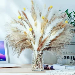 100PCS Natural Dried Pampas Grass Decor - 17.5" Fluffy Pampas Grass Bouquet - Boho Home Decor Dried Flowers for Wedding Floral Room Home Party Table Decorations
