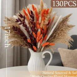 130 PCS Natural Orange Dried Pampas Grass Bouquet, 17 Inch Boho Fall & Winter Decor, Bunny Tails, Eucalyptus & Mixed Dried Flowers for Wedding Centerpieces, Vase Fillers, Home Table Decor