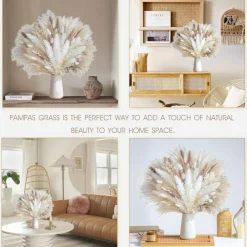 96pcs Natural Pampas Grass Bouquet – Dried Boho Phragmites Flowers for Home Decor, Wedding Centerpieces, Living Room, Farmhouse & Modern Vase Arrangements