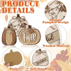 6 Pcs Neutral Fall Pumpkin Table Decor, Wooden Hello Fall Block Signs, Rustic Pumpkin Tiered Tray Decorations, Farmhouse Autumn Thanksgiving Table Centerpieces for Home Office