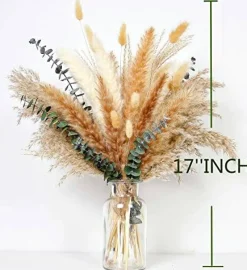 110 PCS of Boho Pampas Grass Decor, Naturally Dried Pompas, Bunny Tails Dried Flowers, and Dried Eucalyptus. Perfect for Weddings, Boho Party Decorations, and Table Decor.