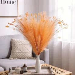 6 Pcs Orange Faux Pampas Grass, 25 Inch Artificial Fluffy Pampas Stems for Boho Home Decor, Vase Filler, Table Centerpieces, Wedding and Party Decorations
