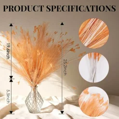 6 Pcs Orange Faux Pampas Grass, 25 Inch Artificial Fluffy Pampas Stems for Boho Home Decor, Vase Filler, Table Centerpieces, Wedding and Party Decorations