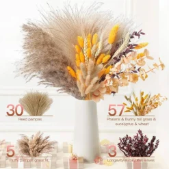 95Pcs Orange Pampas Grass Decor 17 Inch Fall Dried Flower Bouquet Boho Thanksgiving Centerpiece Autumn Home Wedding Decoration
