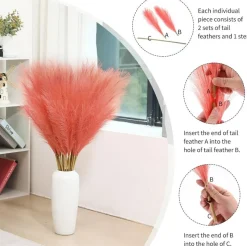 9Pcs Orange Tall Faux Pampas Grass 38 Inch Artificial Fluffy Stems Floor Vase Filler Wedding Party Fall Home Decor