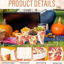 50Pcs 12Oz Fall Maple Leaf Kraft Paper Soup Containers with Lids Autumn Paper Food Bows Disposable Cups for Thanksgiving Party Storing Food Carrying Out