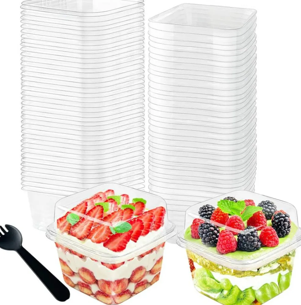 100Pcs 8oz Plastic Dessert Cups with Lids and Spoons,Disposable Parfait Cup Square Cake Containers for Party