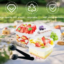100Pcs 8oz Plastic Dessert Cups with Lids and Spoons,Disposable Parfait Cup Square Cake Containers for Party