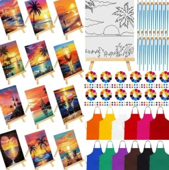 72 Pcs Paint and Sip Kit for Adults, 12 Set Pre-Drawn Canvas Painting Kits 8x10 Inch with Easels, Aprons, Brushes, Paints & Palettes, Seaside Sunset Bulk DIY Party Set for Birthdays, Date Night & Events