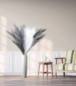 8 Pcs 45" Pampas Grass Tall Faux Dried Decor, Fluffy Fake Long Pompas Artificial Black White Grey Gray Pompous Stems Bouquet Flower Arrangement Vase Filler for Boho Home Wedding Decoration