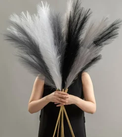 8 Pcs 45" Pampas Grass Tall Faux Dried Decor, Fluffy Fake Long Pompas Artificial Black White Grey Gray Pompous Stems Bouquet Flower Arrangement Vase Filler for Boho Home Wedding Decoration