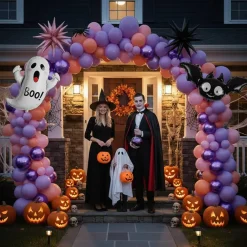 130pcs Pastel Halloween Balloon Garland Arch Kit – Purple, Pink & Orange Party Decorations with Bat and Ghost Foil Balloons for Birthday, Summerween, Baby Shower & Spooky Celebration Decor