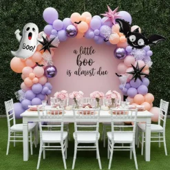 130pcs Pastel Halloween Balloon Garland Arch Kit – Purple, Pink & Orange Party Decorations with Bat and Ghost Foil Balloons for Birthday, Summerween, Baby Shower & Spooky Celebration Decor