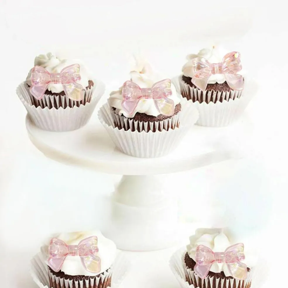 24PCS Pink Bow Cake Toppers – Cupcake Picks for Baby Shower, Birthday & Wedding