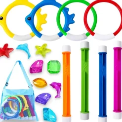 18PCS Pool Diving Swimming Toys, Summer Underwater Game Toys with Pool Fishes Dive Sticks Rings Gems Storage Bag for Kids Swim Birthday Party Favors