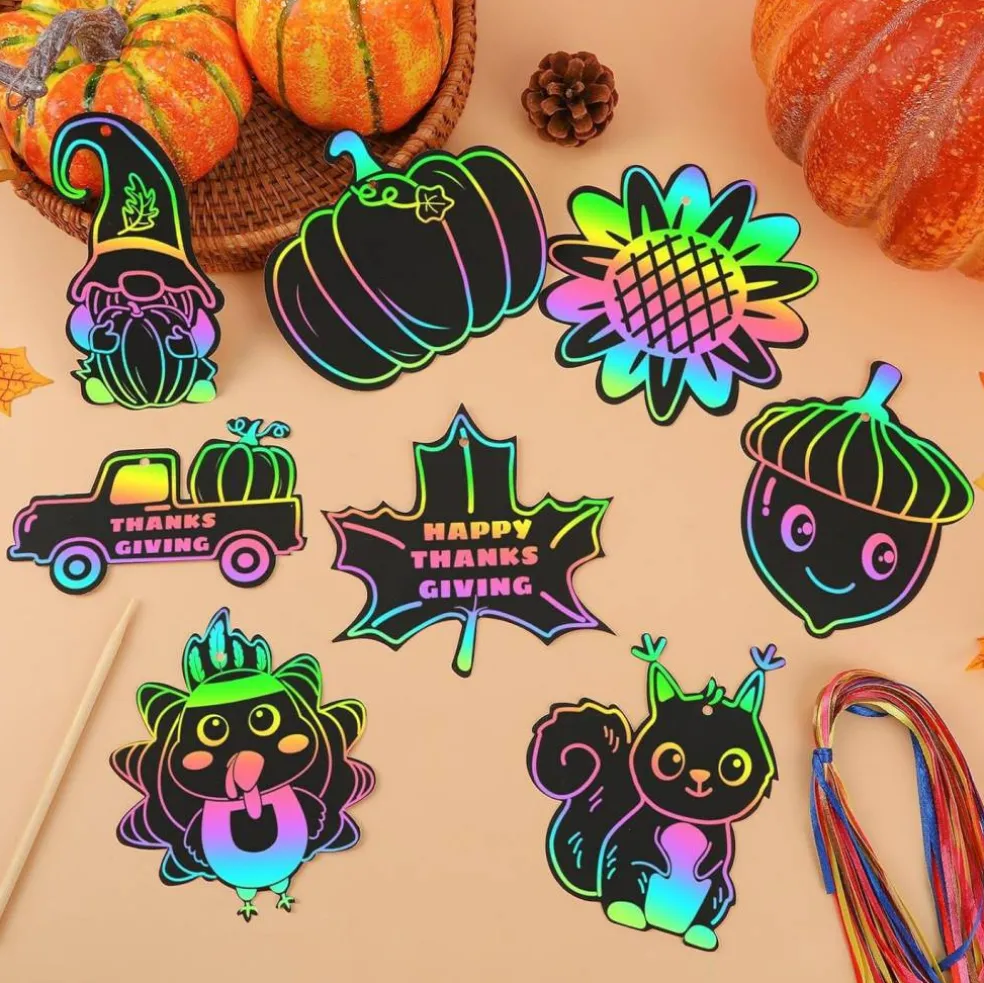 36Pcs - Rainbow Scratch Thanksgiving Paper Arts and Crafts for Kids