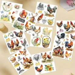 9PCS Rooster Rub On Transfers – Rustic Farm Animal Furniture Decals – Vintage UV Transfer Stickers for Wood, Glass, Vases & DIY Farmhouse Home Decor Crafts (6.5"x6.5")