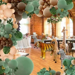 148PCS Sage Green Brown Balloon Garland Arch Kit, Safari Jungle Woodland Forest Wild One Party Decorations with Olive Green Gold Coffee Cocoa Balloons, Palm Leaves and Artificial Ivy
