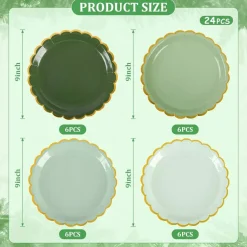 24 Pcs Sage Green Scalloped Party Plates St Patricks Day Gold Foil Paper Plates Disposable 9inch Gradient Serving Plates for Birthday Wedding Bridal Baby Shower Party Supplies