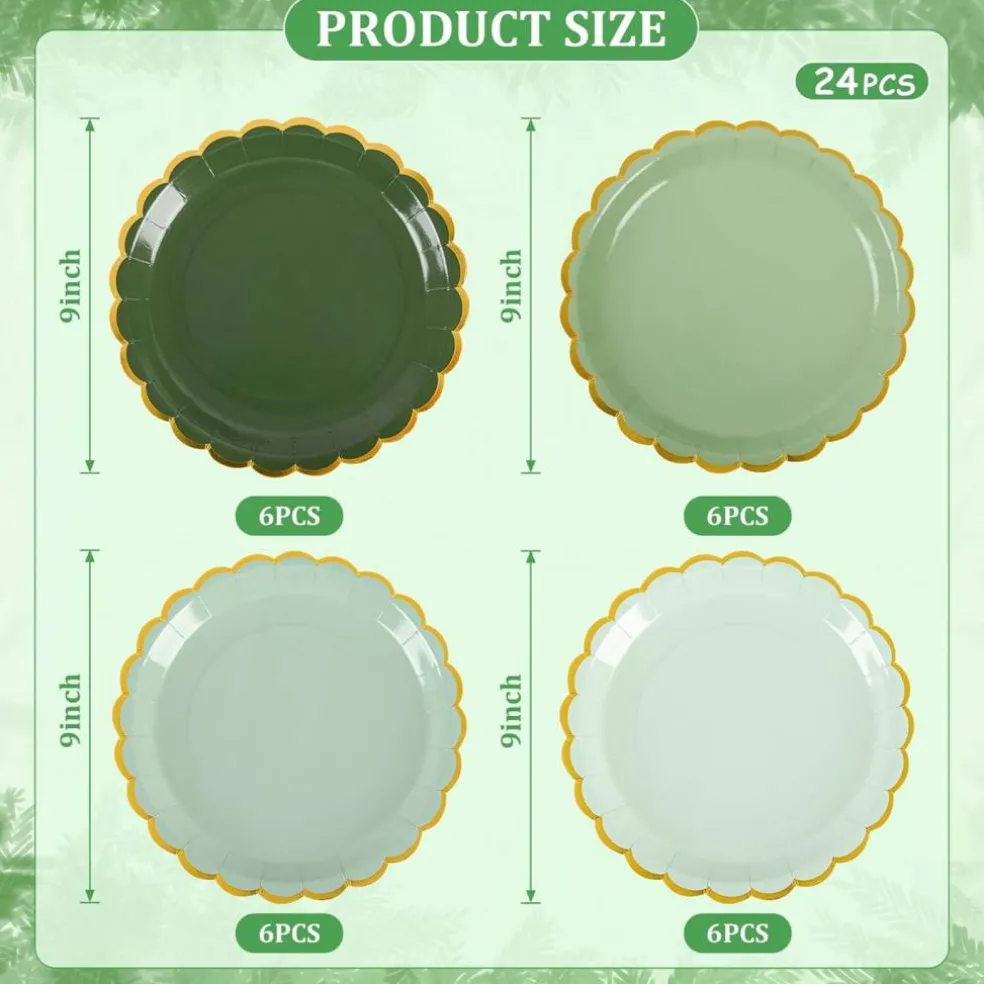 24 Pcs Sage Green Scalloped Party Plates St Patricks Day Gold Foil Paper Plates Disposable 9inch Gradient Serving Plates for Birthday Wedding Bridal Baby Shower Party Supplies