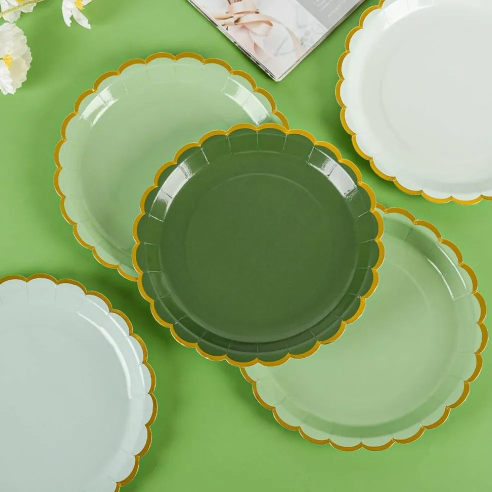 24 Pcs Sage Green Scalloped Party Plates St Patricks Day Gold Foil Paper Plates Disposable 9inch Gradient Serving Plates for Birthday Wedding Bridal Baby Shower Party Supplies