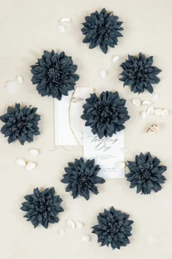 20PCS Silk Dahlia Artificial Flowers Set, 5–6 Inch Fake Flower Heads with Stems for DIY Wedding Bouquets, Bridal Centerpieces, Baby Shower & Party Decorations (Dark Blue)