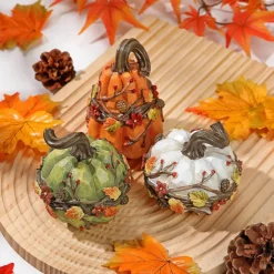 3 Pcs Small Resin Pumpkin Decor Set, Assorted Faux Pumpkins with 3D Autumn Flowers, Leaves, Pinecones & Vines, Farmhouse Fall Decorations for Halloween Thanksgiving Table Centerpiece, Mantel, Shelf & Home