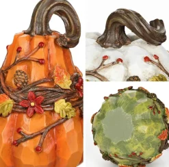 3 Pcs Small Resin Pumpkin Decor Set, Assorted Faux Pumpkins with 3D Autumn Flowers, Leaves, Pinecones & Vines, Farmhouse Fall Decorations for Halloween Thanksgiving Table Centerpiece, Mantel, Shelf & Home