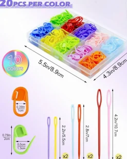200 Pcs Stitch Markers for Knitting & Crochet, 10 Color Locking Crochet Clips with Plastic Sewing Needles, DIY Craft Supplies for Yarn Projects