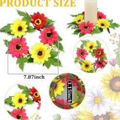 4 PCS Summer Candle Rings for Pillar & Taper Candles, Artificial Gerbera Daisy Floral Candle Wreaths, 3.15 Inch Center Table Centerpieces for Wedding, Party & Seasonal Home Decor
