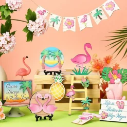 15 Pcs Summer Flamingo Tiered Tray Decor Set, Wooden Farmhouse Signs with Beach & Tropical Designs, Rustic Summer Table Decorations for Tiered Trays, Mantel, Kitchen, Coffee Table & Shelf