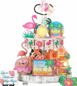 15 Pcs Summer Flamingo Tiered Tray Decor Set, Wooden Farmhouse Signs with Beach & Tropical Designs, Rustic Summer Table Decorations for Tiered Trays, Mantel, Kitchen, Coffee Table & Shelf