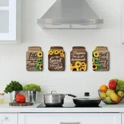 4 Pcs Summer Kitchen Wall Decor Mason Jar Set Wooden Rustic Home Decor Inspirational Kitchen Hanging Farmhouse Wall Signs for Home decoration(Sunflower)