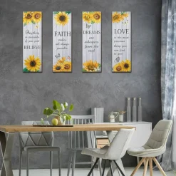 4 Pcs Summer Sunflower Wall Decor Inspirational Sunflower Kitchen Decor and Accessories Wooden Rustic Farmhouse Yellow Flowers Wall Art Decoration for Home Bathroom Office Living Room(White)