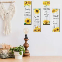4 Pcs Summer Sunflower Wall Decor Inspirational Sunflower Kitchen Decor and Accessories Wooden Rustic Farmhouse Yellow Flowers Wall Art Decoration for Home Bathroom Office Living Room(White)
